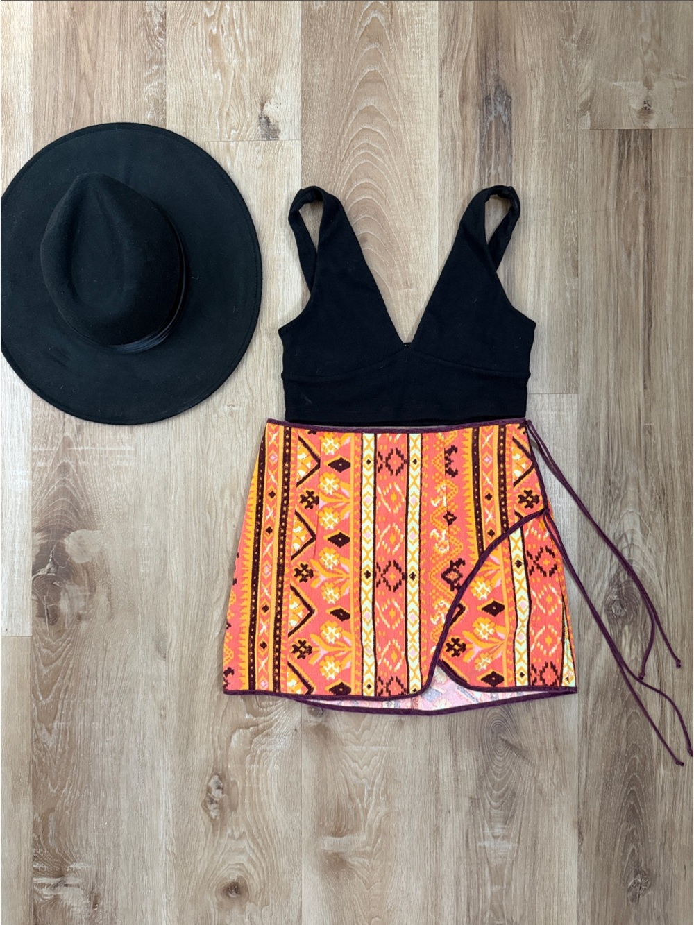 Free People Black Bodice Orange Patterned Wrap Mini Skirt with Side Tie